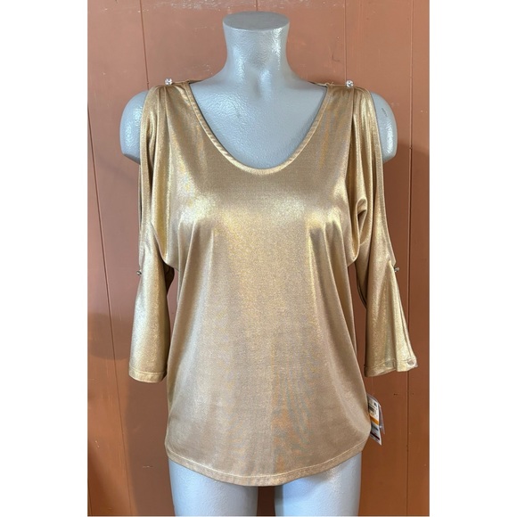 NWT INC International Concepts Going Global Metallic Gold Cold Shoulder Top S - Picture 5 of 8
